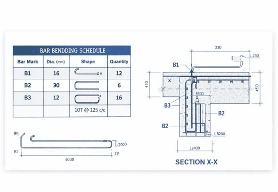 Reinforcement shop drawing showing bar bending schedule and beam section detail